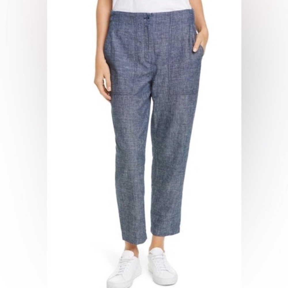 Eileen Fisher blue chambray elastic cargo pants Large hemp organic cotton blend